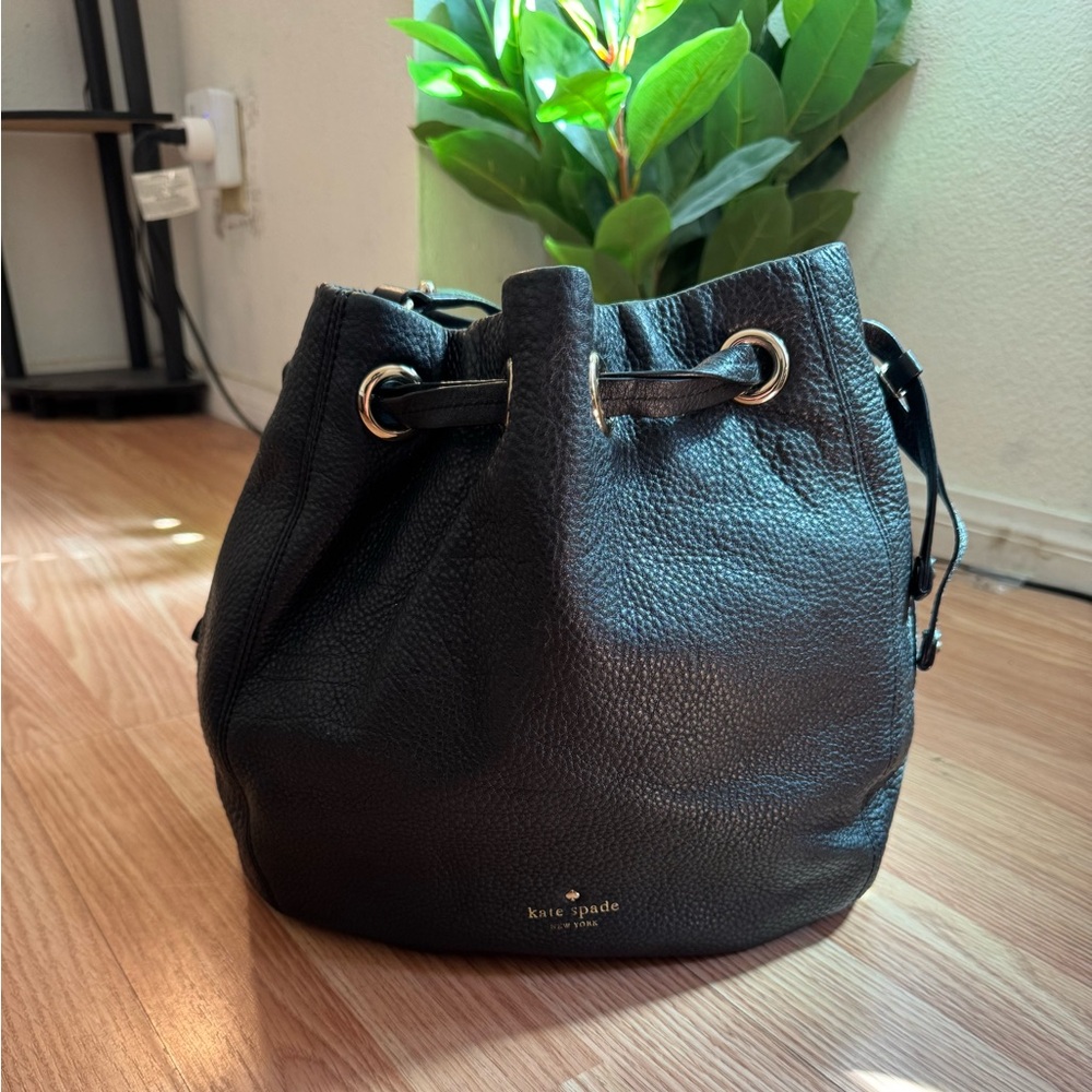kate spade Black Pebbled Leather Drawstring Bucket Shoulder Bag